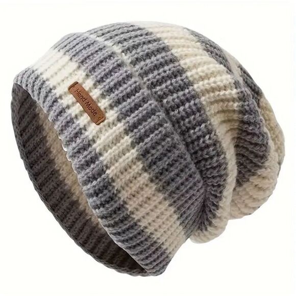 Slouchy Unisex Lightweight Gray Striped Beanie Hat Cap Soft Warm Winter Outdoor - Picture 1 of 3